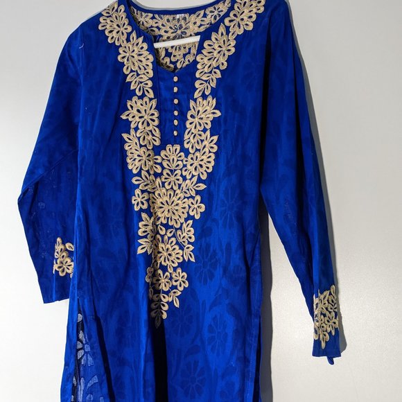*3/$10* Embroidered Kurta Royal Blue Gold Size 38 (US Size 4/6) - Picture 1 of 3